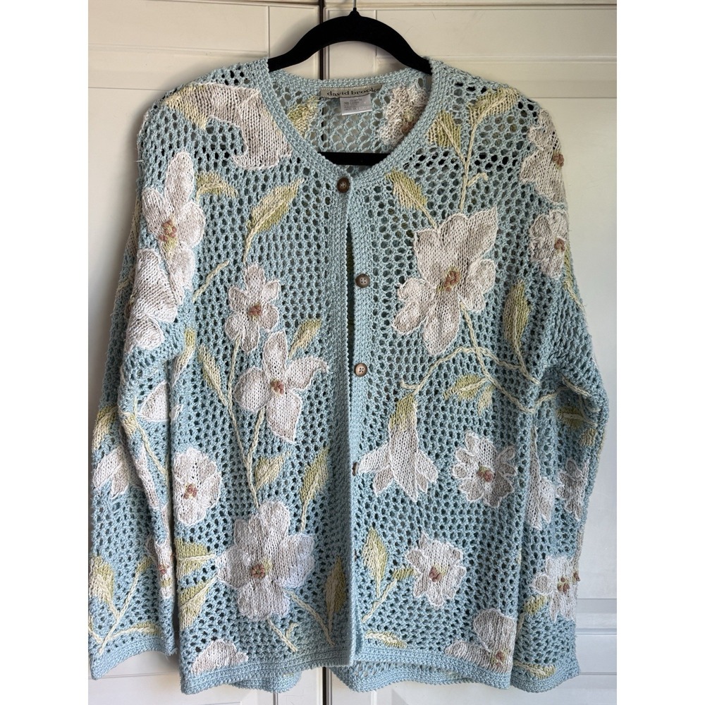 David Brooks Cardigan Open Weave Sweater Womens Medium Blue White Floral Vintage - Picture 7 of 10